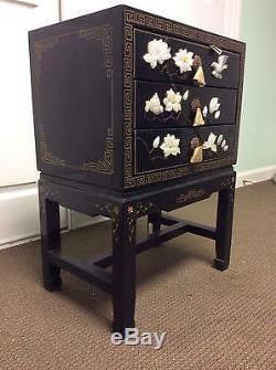 Chinese furniture, hand painted, stone inlaid wooden lacquered cabinet, 3 drawer