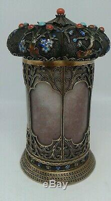 Chinese gold Silver Tea Caddy Jade Cloisonne Enamel Turquoise Red Coral