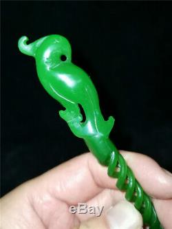 Chinese hetian green jade Jadeite hand-carved pendant statue Phoenix hairpin
