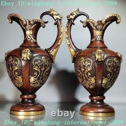 Chinese purple Bronze 24k gold Gilt Dragon Buddha head Crane Bottle Pot Vase Jar