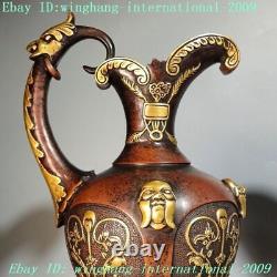 Chinese purple Bronze 24k gold Gilt Dragon Buddha head Crane Bottle Pot Vase Jar