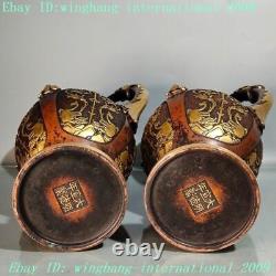 Chinese purple Bronze 24k gold Gilt Dragon Buddha head Crane Bottle Pot Vase Jar