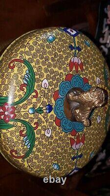 Cloisonne Antique Tobacco or tea Humidor Chinese Foo Dog Enamel Bronze Jar