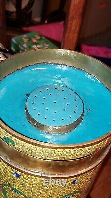 Cloisonne Antique Tobacco or tea Humidor Chinese Foo Dog Enamel Bronze Jar