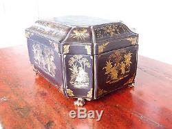 Early 19th C Chinese Japanned Black Lacquer Tea Caddy With Original Inserts