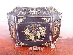 Early 19th C Chinese Japanned Black Lacquer Tea Caddy With Original Inserts