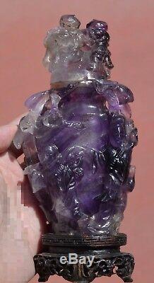 Early 20C Chinese Amethyst Quartz Carved Carving Boys Figure Vase Wood Stand