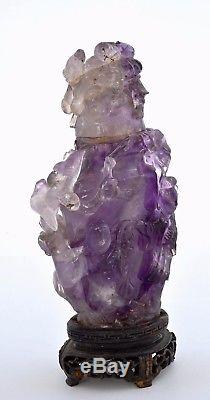 Early 20C Chinese Amethyst Quartz Carved Carving Boys Figure Vase Wood Stand
