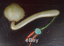 Early 20C Chinese Jade Jadeite Agate Hardstone Inlaid Lacquer Wood Screen Plaque