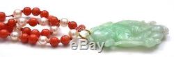Early 20C Chinese Jade Jadeite Carved Boy Natural Red Coral Pearl Bead Necklace