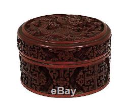 Early 20C Chinese Lacquer Cinnabar Carved Carving Dragon Enamel Box Tea Caddy