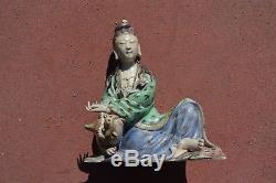 Early 20C Chinese Sancai Famille Porcelain Kwan Guan Yin Buddha Unicorn Figure