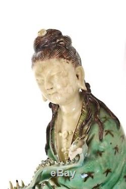 Early 20C Chinese Sancai Famille Porcelain Kwan Guan Yin Buddha Unicorn Figure
