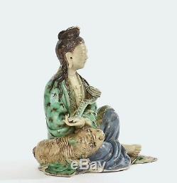 Early 20C Chinese Sancai Famille Porcelain Kwan Guan Yin Buddha Unicorn Figure