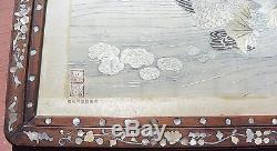 Early 20C Chinese Silk Embroidery Panel Mother of Pearl Inlay Wood Frame Marked