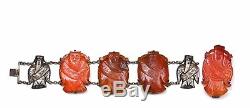 Early 20C Chinese Silver Agate Carnelian Carved Bracelet & Pin Money Buddha Mk
