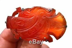 Early 20C Chinese Silver Agate Carnelian Carved Bracelet & Pin Money Buddha Mk