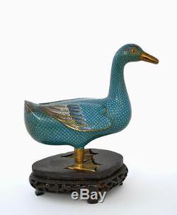 Early 20th Century Chinese Gilt Cloisonne Enamel Duck Bird on Wood Stand