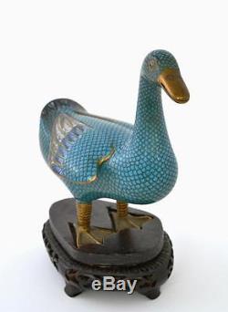 Early 20th Century Chinese Gilt Cloisonne Enamel Duck Bird on Wood Stand