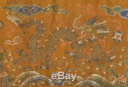 Early Antique Qing Chinese Exceptional Brown Gold Dragon Brocade Silk Panel Kesi