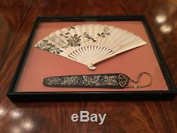 Excellent Chinese Hand Painted Fan and Qing Dynasty Textile Fan Cover, Framed