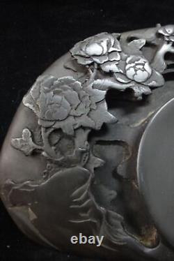 Excellent Old Chinese Hand Carving Flowers and Bird Ink Stone with Ink Stick Mark