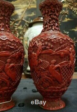 Exceptional Pair 18th/19th Ct Cinnabar Vases Antique Chinese Immortals