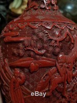 Exceptional Pair 18th/19th Ct Cinnabar Vases Antique Chinese Immortals