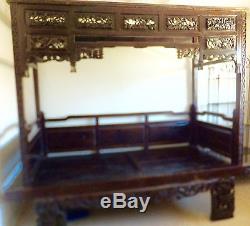 Exquisite Antique Chinese Hand Carved Wood Wedding Opium Canopy Bed