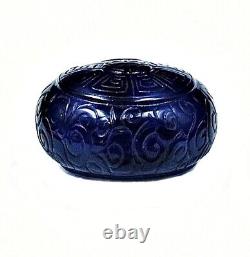 Exquisite Chinese Sapphire Blue Carved Auspicious Peking Glass Snuff Bottle