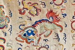 Extraordinary! Antique 19th Century Foo Lions Chinese Silk Tapestry Embroidery