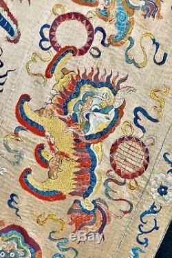 Extraordinary! Antique 19th Century Foo Lions Chinese Silk Tapestry Embroidery