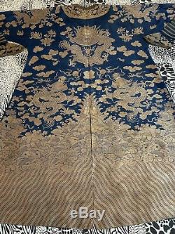 Fine 19th C Antique Chinese Silk Brocade Kesi Dragon Robe, Length 53X Chest 58