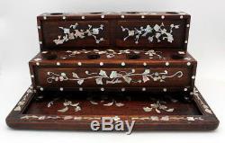 Fine Antique Chinese Rosewood Mother Of Pearl Inlay Opium Damper Stand & Tray