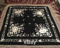 Fine Antique Vintage Chinese Canton Embroidered Silk Piano Shawl Embroidery #2