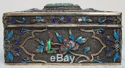 Fine Chinese Jade & Gold Gilt Silver Cloisonné Enamel Birds Flowers Trinket Box