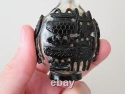 Fine Chinese Snuff Bottle Black Cut To Clear Glass, Bronze Dings Motif Qing