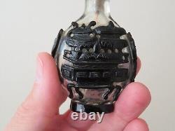 Fine Chinese Snuff Bottle Black Cut To Clear Glass, Bronze Dings Motif Qing