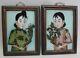 Fine Pair Of Antique Chinese Reverse Painting On Glass C. 1820 Ladies With Flowers