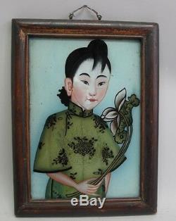Fine Pair of Antique Chinese Reverse Painting on glass c. 1820 Ladies with Flowers