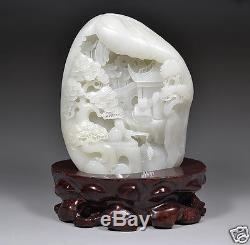 Fine Rarest Chinese'Mutton Fat' Hetian White Nephrite Jade Landscape Statue
