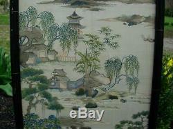 Fine Set Of Two Antique Chinese Embroidered Silk Panels Of'views Of Guangzhou