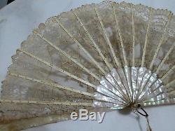 GORGEOUS ANTIQUE MOTHER OF PEARL with GOLD DETAILS AND LACE FAN with TASSEL c1900