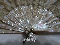 GORGEOUS ANTIQUE MOTHER OF PEARL with GOLD DETAILS AND LACE FAN with TASSEL c1900