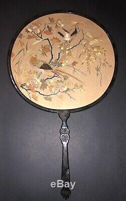 Great Chinese Hand Embroidered Silk Paradise Birds Pien Mien Fan Hand Screen