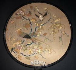 Great Chinese Hand Embroidered Silk Paradise Birds Pien Mien Fan Hand Screen