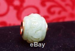 Green 14k Gold Necklace, GREEN Jade JADEITE Carved Barrel BEAD Pendant CHINESE