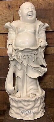 Happy Buddha Chinese Blanc de Chine Standing Statue White Porcelain Figure 12 H