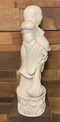 Happy Buddha Chinese Blanc de Chine Standing Statue White Porcelain Figure 12 H