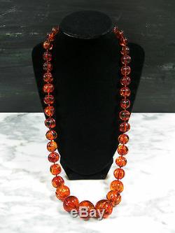 Huge Old Antique Chinese Carved Melon Bead Baltic Amber Necklace 94.8 Grams